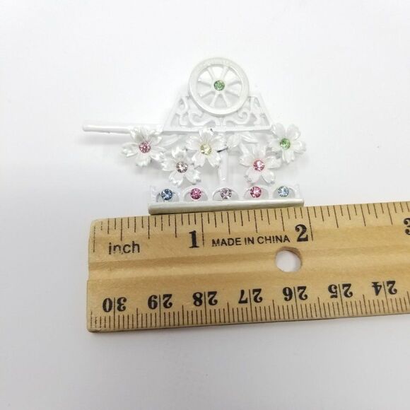 Vintage Flower Cart Rhinestone Brooch, White Enamel, Signed BJ, Estate - Picture 5 of 6